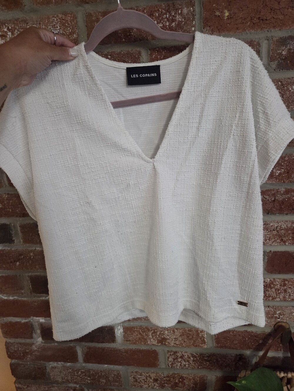 Les Copains Ivory Textured V-Neck Short Sleeve Top